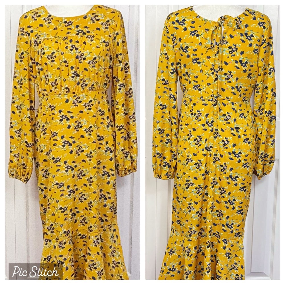 Suzanne Betro Mustard Yellow Floral Long Sleeve Tie Midi Dress Medium